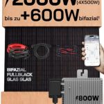 SUNNIVA® 2000W Balkonkraftwerk mit 800W Wechselrichter DEYE, BIFAZIAL FULLBLACK komplett Steckdose, PV Solaranlage Komplettset mit 5 m Anschlusskabel und 4x 2.5m Solarkabel, 4x 500W N-Type Glas