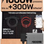 SUNNIVA® 1000W Balkonkraftwerk mit 800W Wechselrichter DEYE, BIFAZIAL FULLBLACK komplett Steckdose, PV Solaranlage Komplettset mit 5 m Anschlusskabel und 4x 1m Solarkabel, 2x 500W N-Type Glas